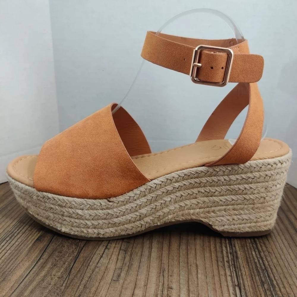 ROUGE Tradition Espadrille Sandals Ankle Strap Tan Faux Suede Platform Women 8.5